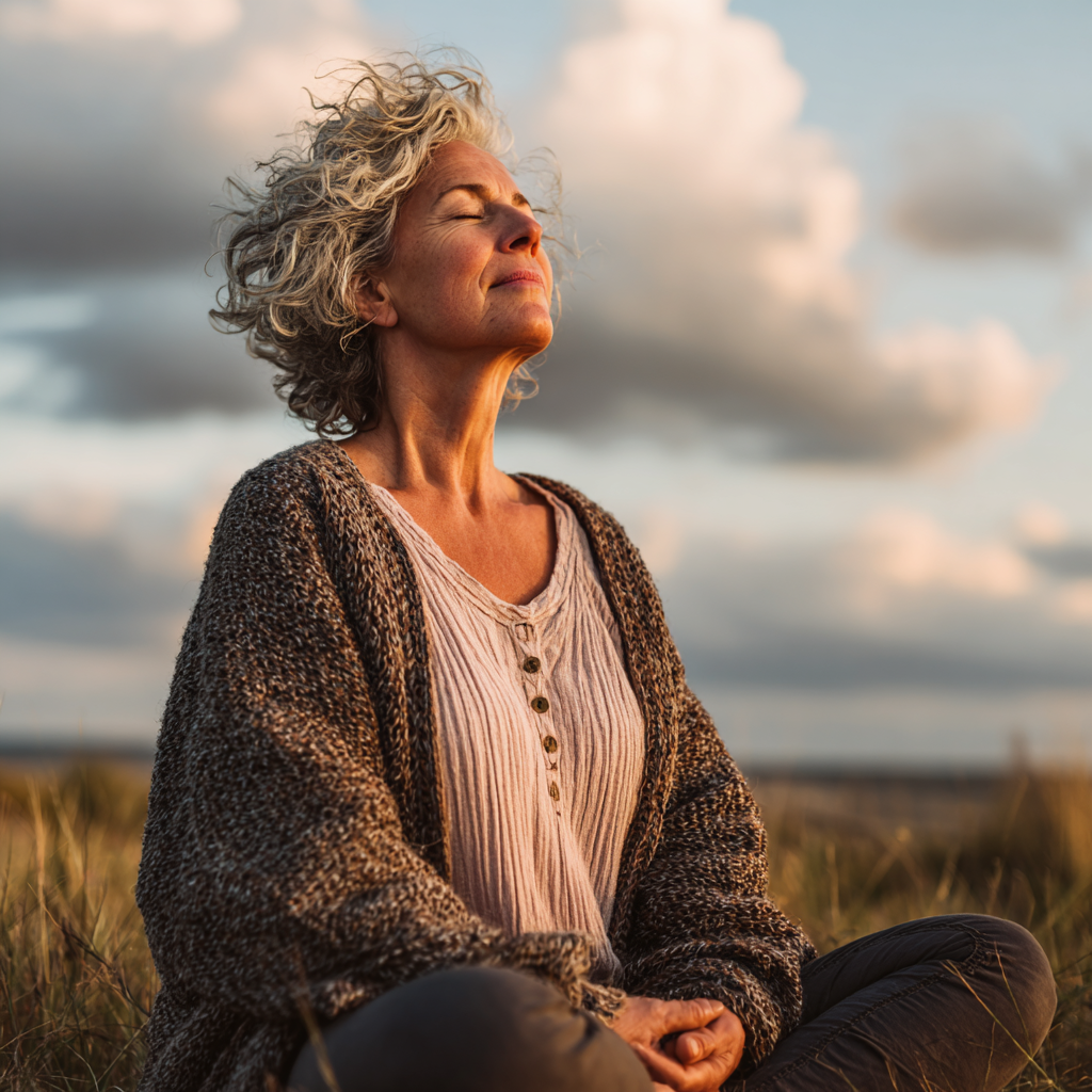 Mature woman in a peaceful meditation pose surrounded by natural elements