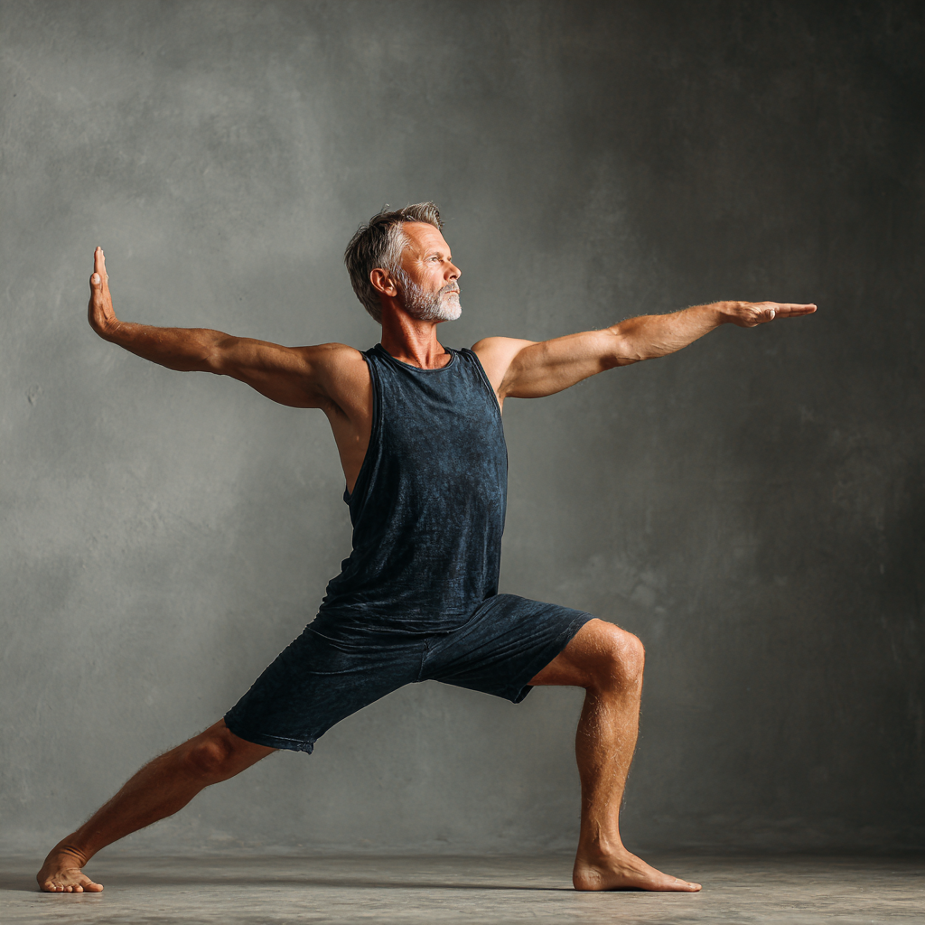 Middle-aged man in warrior pose demonstrating strength and balance
